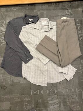 Calvin Klein White Dress Shirt with Light Gray and Pink Windowpane